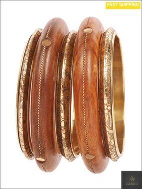 Handcrafted Wood Brass Bangle Bracelet Set Engraved Indian Jewelry Gift
